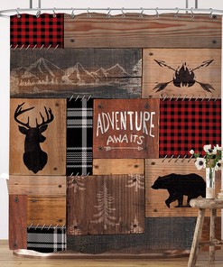 Retro Cabin Shower Curtain Rustic Adventure Bear Deer Hunting Wildlife Plaid Lodge