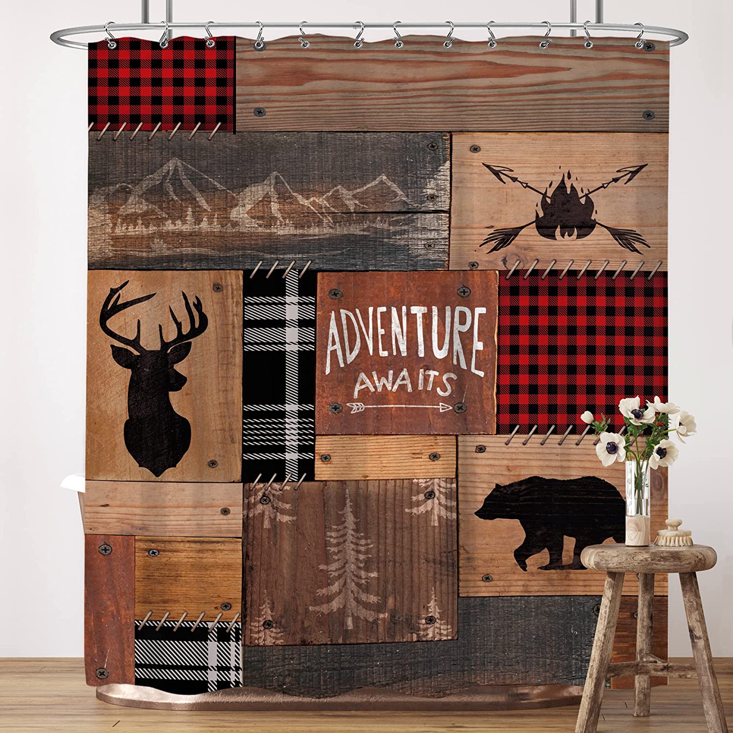 Retro Cabin Shower Curtain Rustic Adventure Bear Deer Hunting Wildlife Plaid Lodge