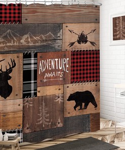Retro Cabin Shower Curtain Rustic Adventure Bear Deer Hunting Wildlife Plaid Lodge