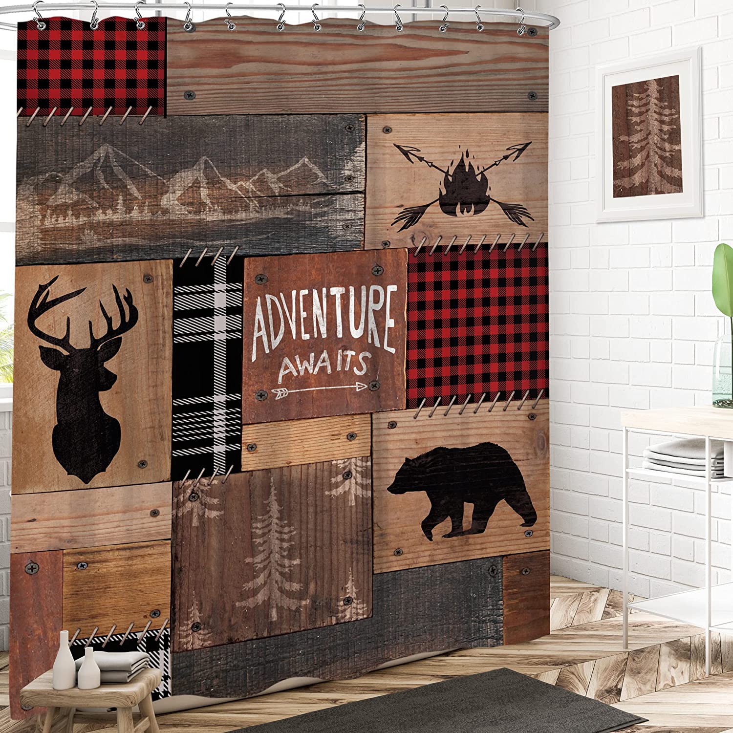 Retro Cabin Shower Curtain Rustic Adventure Bear Deer Hunting Wildlife Plaid Lodge