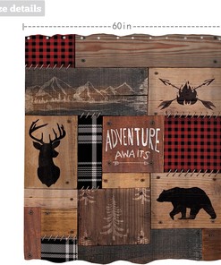 Retro Cabin Shower Curtain Rustic Adventure Bear Deer Hunting Wildlife Plaid Lodge