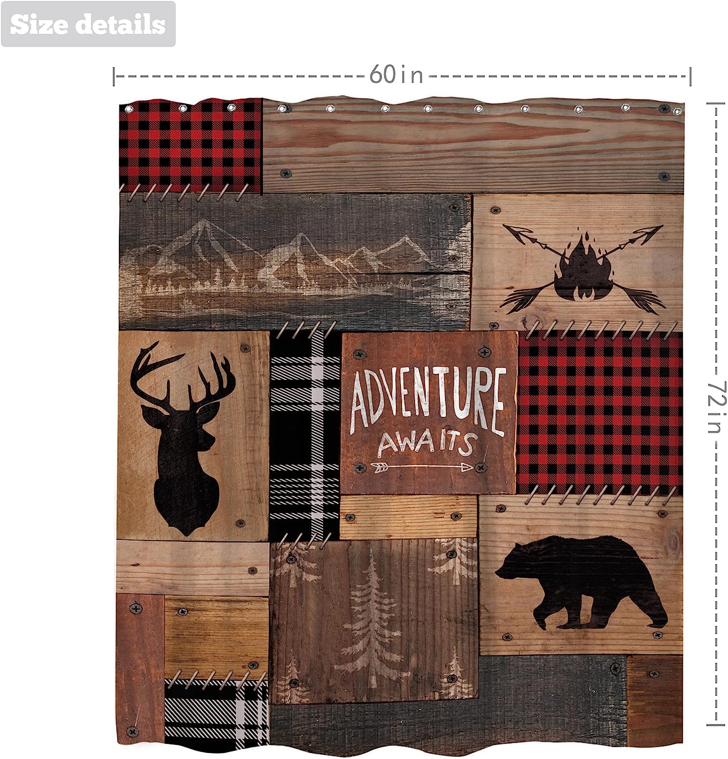 Retro Cabin Shower Curtain Rustic Adventure Bear Deer Hunting Wildlife Plaid Lodge