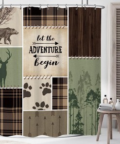 Retro Cabin Shower Curtain Rustic Bear Country Hunting Wild Animal Plaid Farmhouse Bathroom