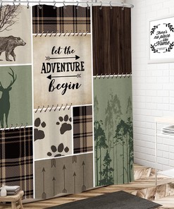 Retro Cabin Shower Curtain Rustic Bear Country Hunting Wild Animal Plaid Farmhouse Bathroom