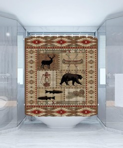Retro Cabin Wildlife Shower Curtain with Bear Deer Fish Canoe Pinecone Design for a Lodge Themed Bathroom