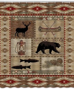 Retro Cabin Wildlife Shower Curtain with Bear Deer Fish Canoe Pinecone Design for a Lodge Themed Bathroom