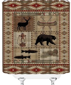 Retro Cabin Wildlife Shower Curtain with Bear Deer Fish Canoe Pinecone Design for a Lodge Themed Bathroom