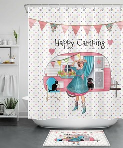 Retro Camper Rv Party Girl Cat Happy Camping Shower Curtain For A Fun Bathroom 