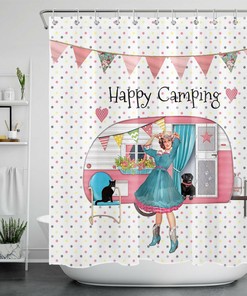 Retro Camper Rv Party Girl Cat Happy Camping Shower Curtain For A Fun Bathroom 