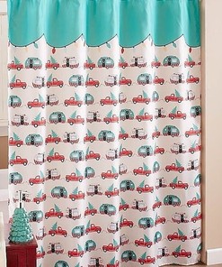 Retro Camper Shower Curtain With Vintage Red Truck And Christmas Tree, Holiday Bathroom Decor