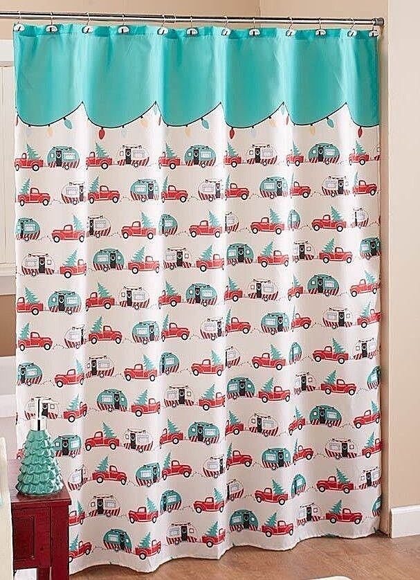 Retro Camper Shower Curtain With Vintage Red Truck And Christmas Tree, Holiday Bathroom Decor