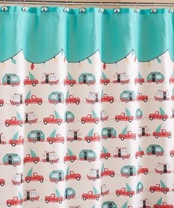 Retro Camper Shower Curtain With Vintage Red Truck And Christmas Tree, Holiday Bathroom Decor