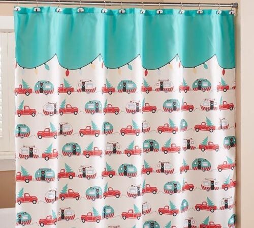 Retro Camper Shower Curtain With Vintage Red Truck And Christmas Tree, Holiday Bathroom Decor