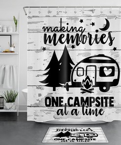 Retro Camper Truck Shower Curtain - Wood Board Black and White Bathroom Decor