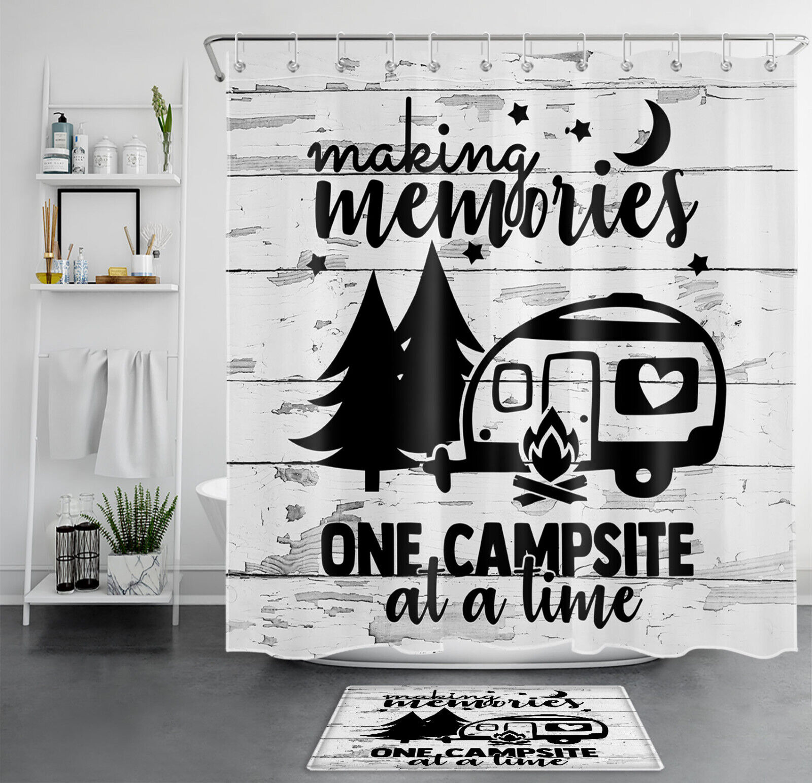 Retro Camper Truck Shower Curtain - Wood Board Black and White Bathroom Decor