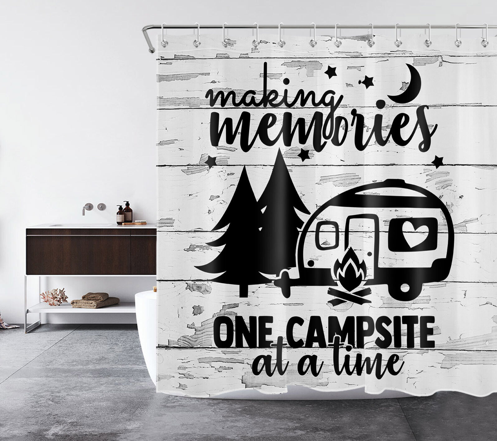 Retro Camper Truck Shower Curtain - Wood Board Black and White Bathroom Decor