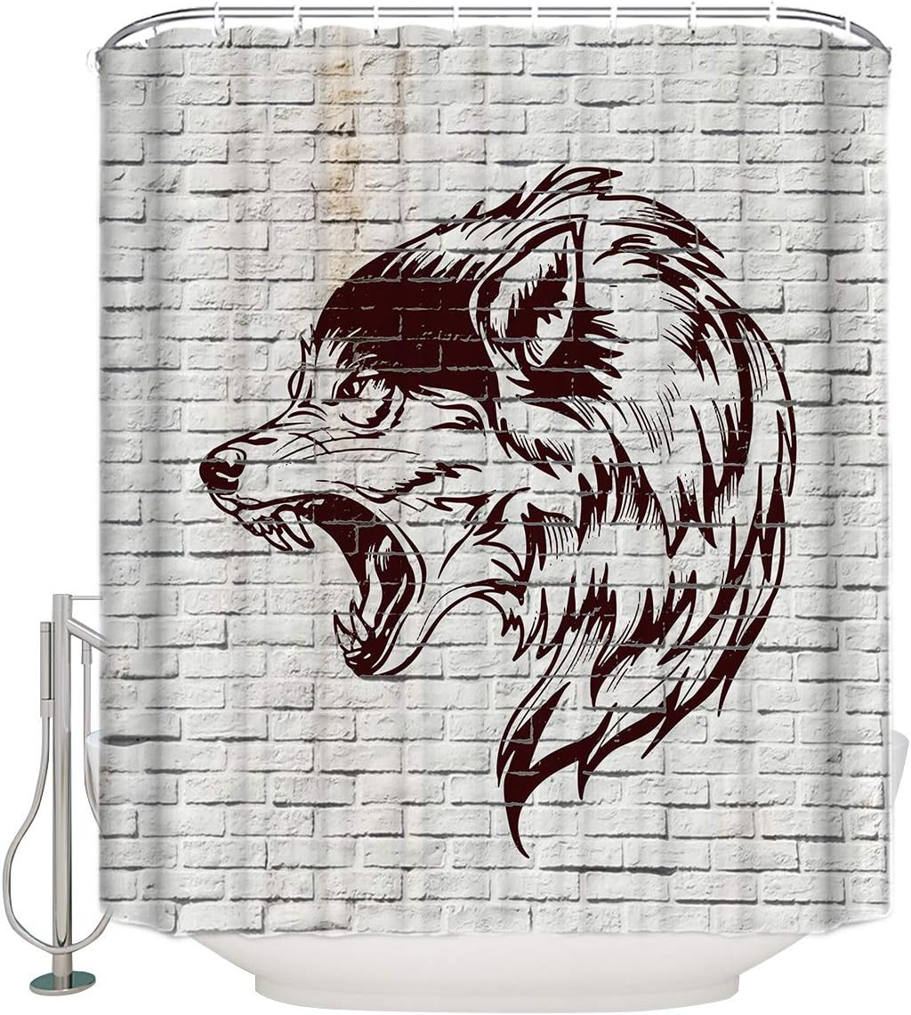 Retro Cartoon Wolf Print Shower Curtain for Bathroom