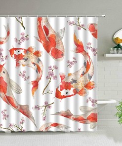 Retro Chinese Shower Curtain - Koi Fish and Flowers Bathroom Decor 