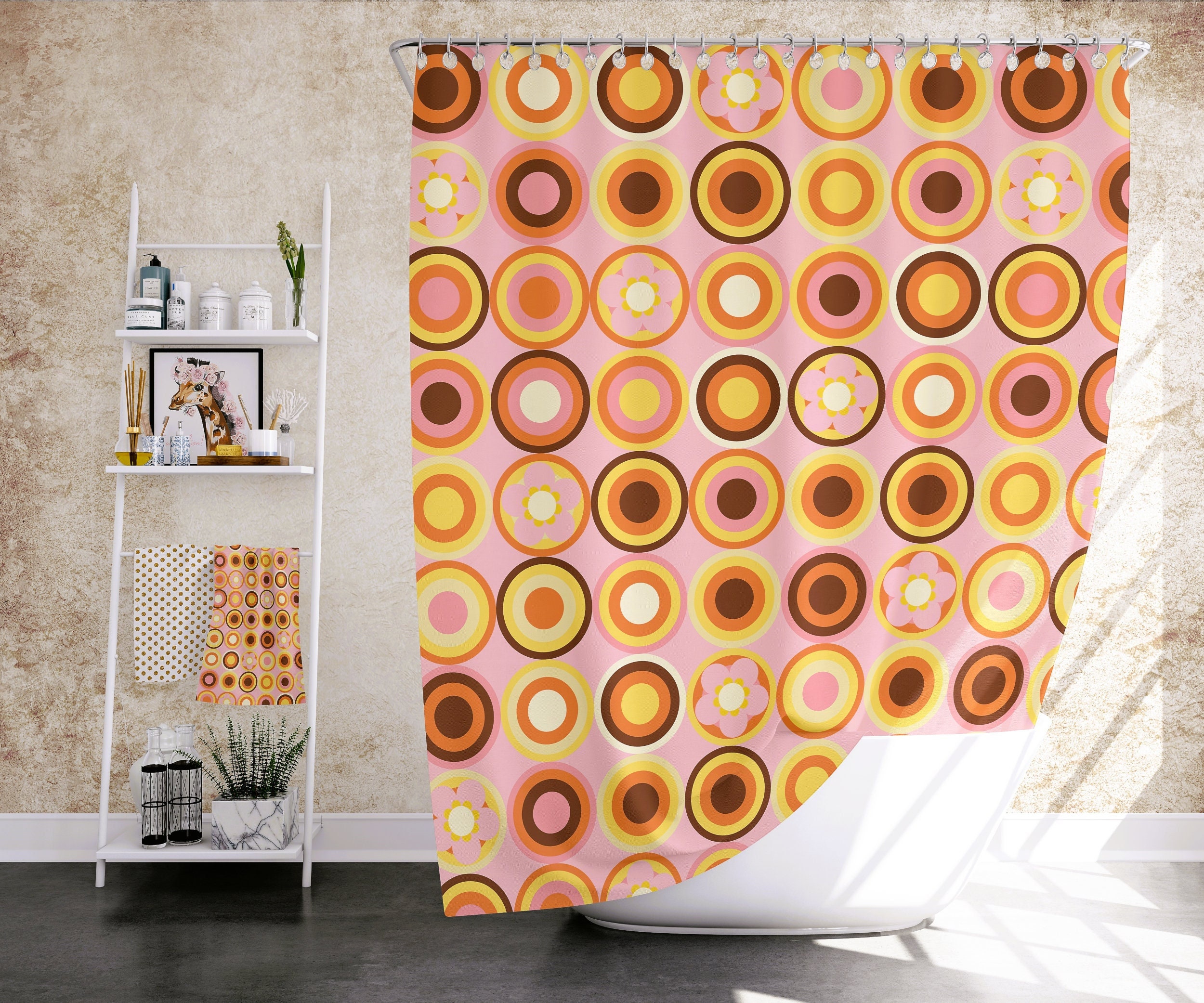 Retro Circles Mid Century Modern Shower Curtain for Vintage Bathroom