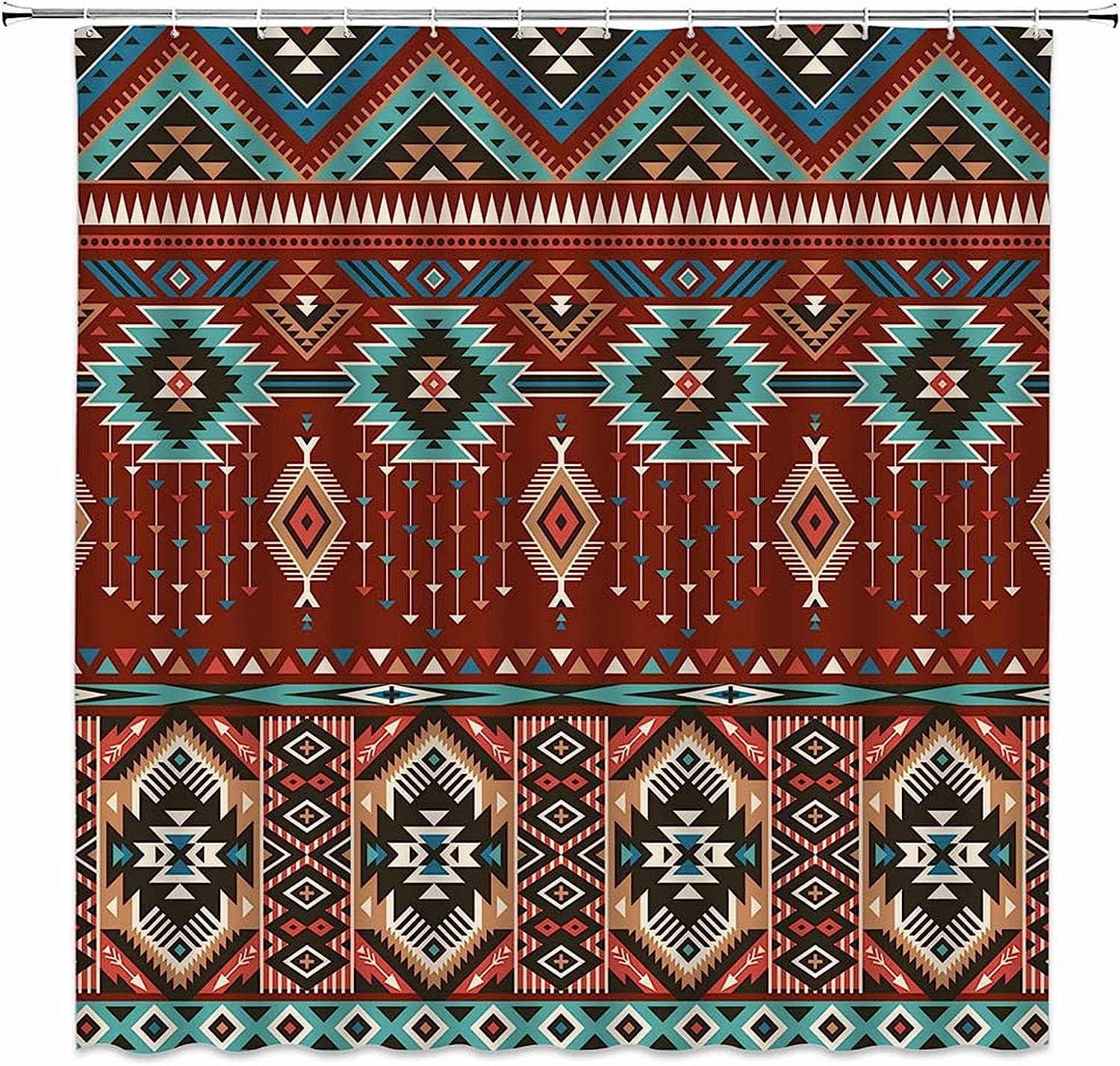 Retro Color Aztec Geometric Tribal Shower Curtain for Boho Bathroom
