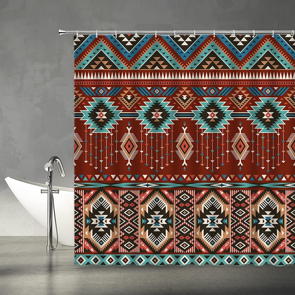Retro Color Aztec Geometric Tribal Shower Curtain for Boho Bathroom