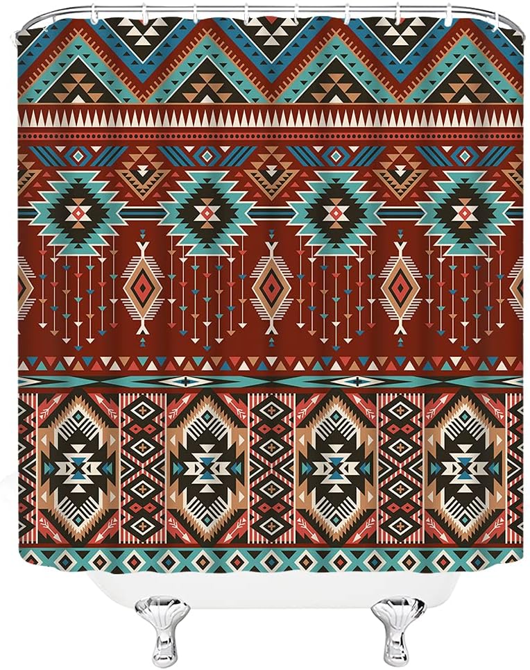 Retro Color Aztec Geometric Tribal Shower Curtain for Boho Bathroom