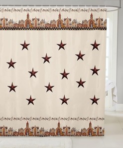 Retro Cowboy Shower Curtain - Brown Rustic Bathroom Decor with Stars, Leaves, and Cowboy Accents