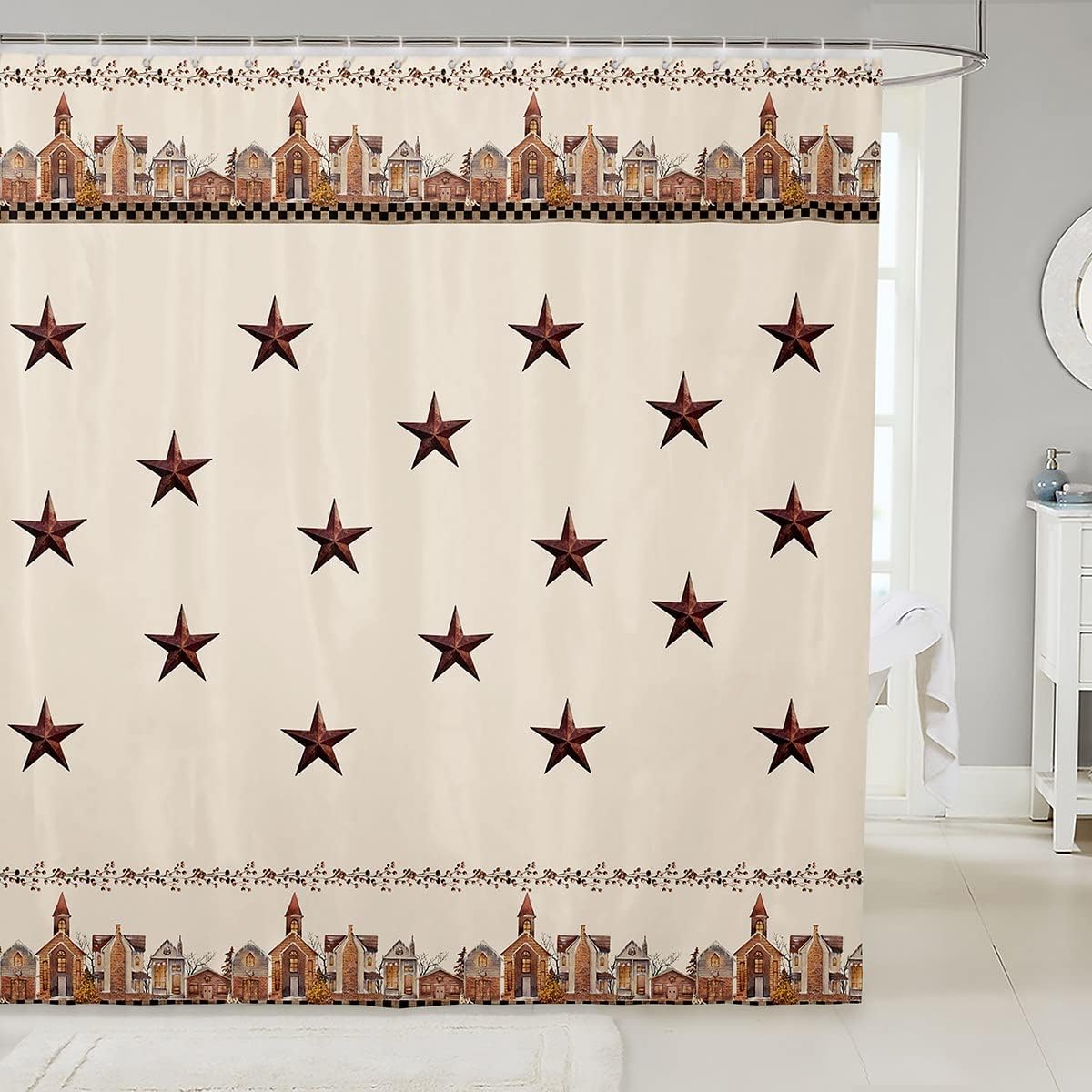 Retro Cowboy Shower Curtain - Brown Rustic Bathroom Decor with Stars, Leaves, and Cowboy Accents