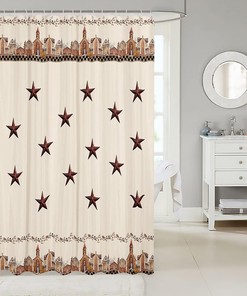 Retro Cowboy Shower Curtain - Brown Rustic Bathroom Decor with Stars, Leaves, and Cowboy Accents