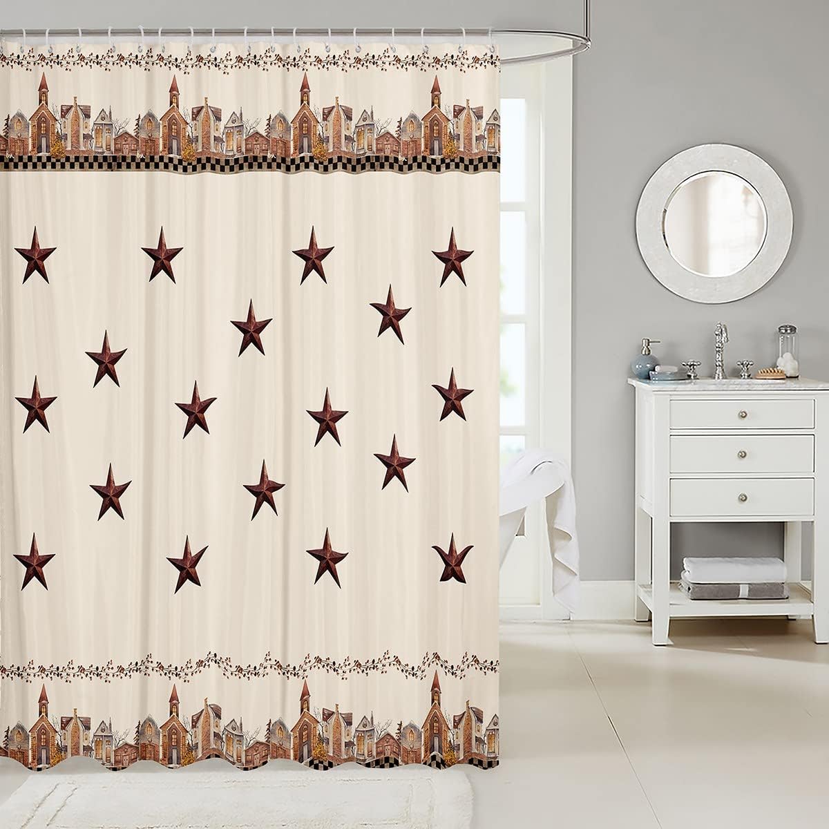 Retro Cowboy Shower Curtain - Brown Rustic Bathroom Decor with Stars, Leaves, and Cowboy Accents