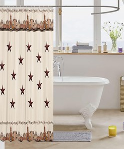 Retro Cowboy Shower Curtain - Brown Rustic Bathroom Decor with Stars, Leaves, and Cowboy Accents