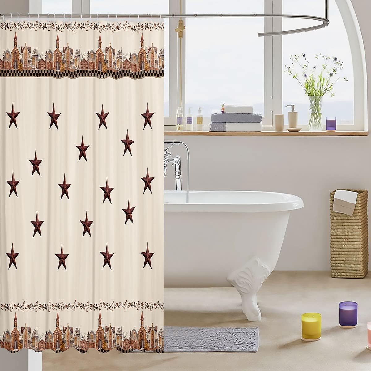 Retro Cowboy Shower Curtain - Brown Rustic Bathroom Decor with Stars, Leaves, and Cowboy Accents