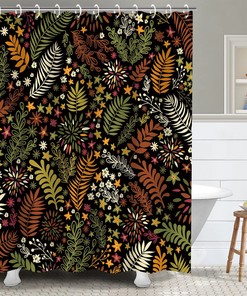 Retro Dark Shower Curtain with Unique Black Leaves, Botanical Bathroom Decor 