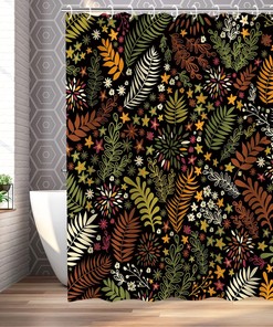 Retro Dark Shower Curtain with Unique Black Leaves, Botanical Bathroom Decor