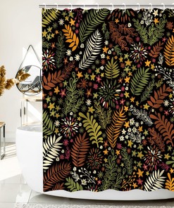 Retro Dark Shower Curtain with Unique Black Leaves, Botanical Bathroom Decor 