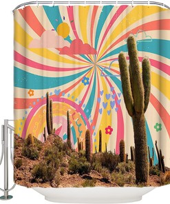 Retro Desert Middle Century Sun Clouds Fowers Shower Curtain - Waterproof Bath Curtain For Rainbow Desert Bathroom Decor