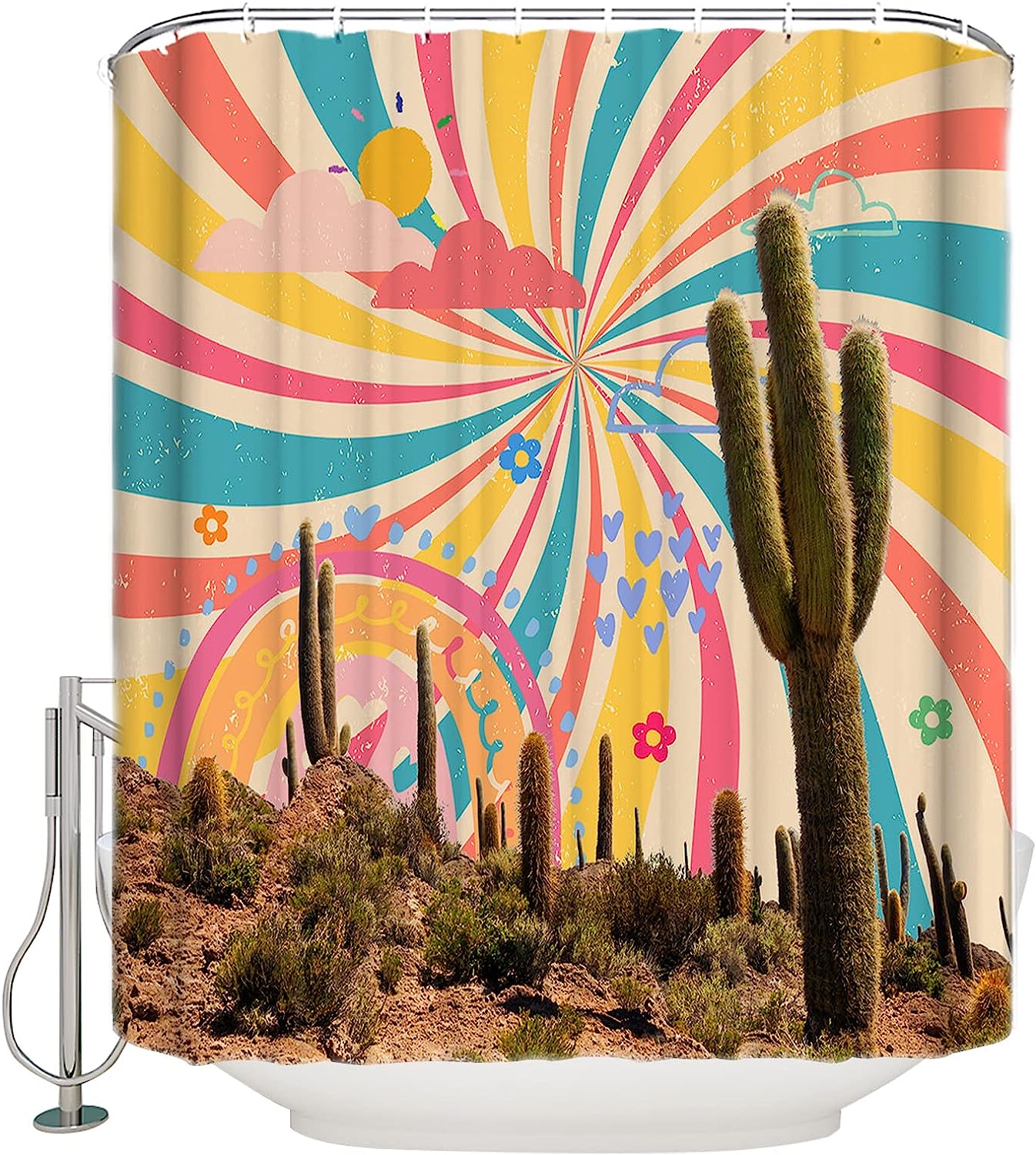 Retro Desert Middle Century Sun Clouds Fowers Shower Curtain - Waterproof Bath Curtain For Rainbow Desert Bathroom Decor