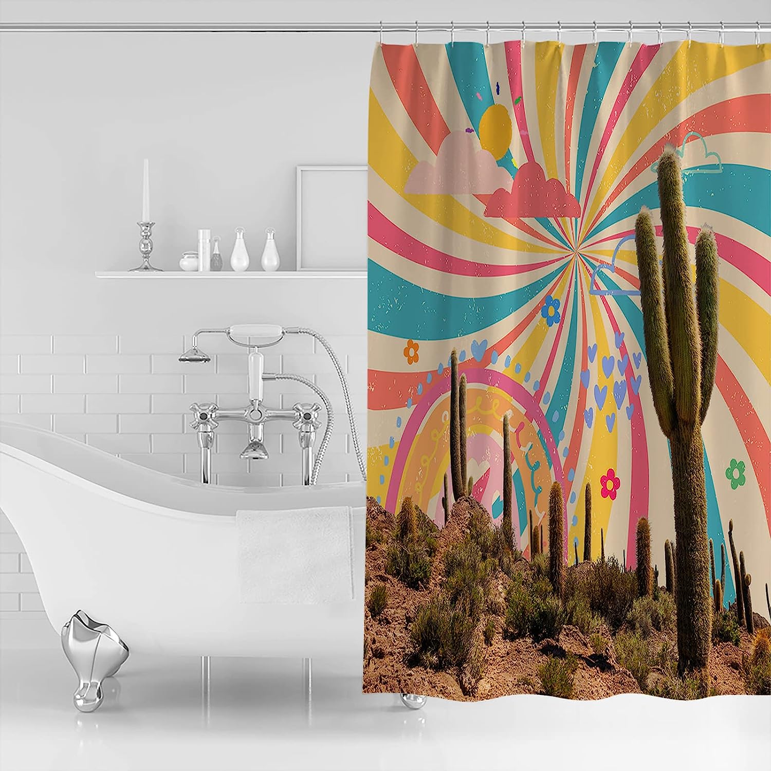 Retro Desert Middle Century Sun Clouds Fowers Shower Curtain - Waterproof Bath Curtain For Rainbow Desert Bathroom Decor - Image 2