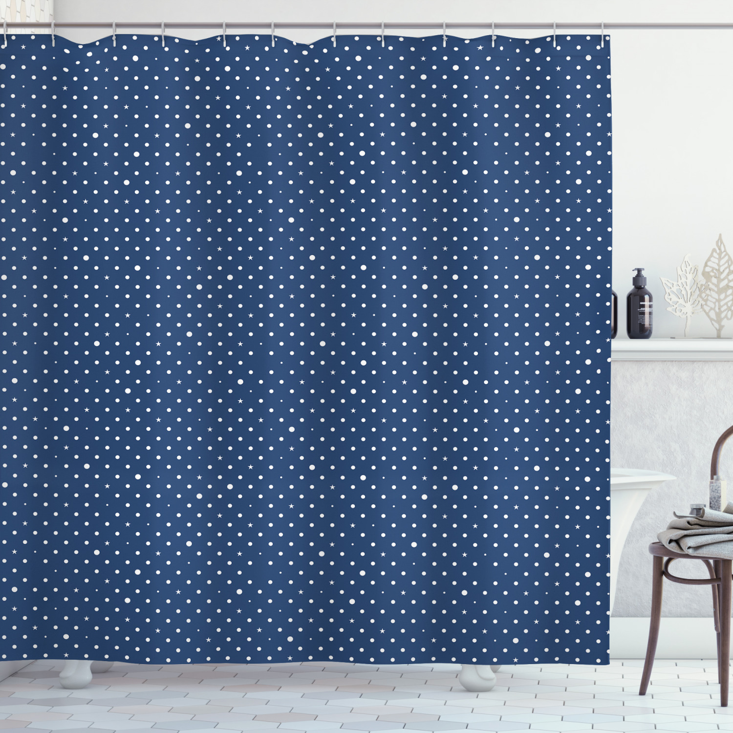 Retro Dots and Star Print on Indigo White Shower Curtain for Bathroom by Imirell
