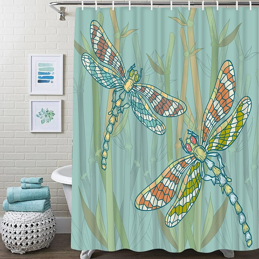 Retro Dragonfly Floral Sketch Shower Curtain For Bathroom Decor
