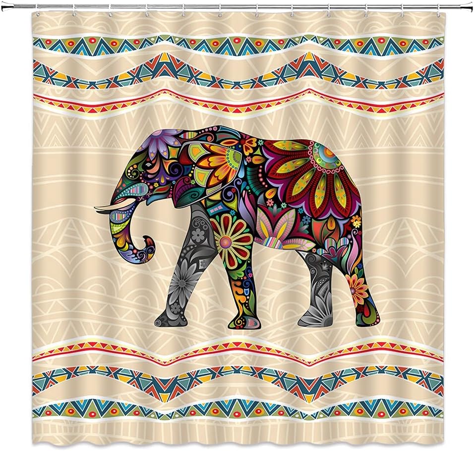 Retro Elephant Mandala Flower Animal Print Boho Style Aztec Southwest Ethnic Geometric Fabric Shower Curtain