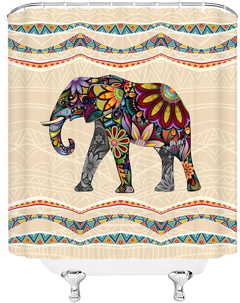 Retro Elephant Mandala Flower Animal Print Boho Style Aztec Southwest Ethnic Geometric Fabric Shower Curtain