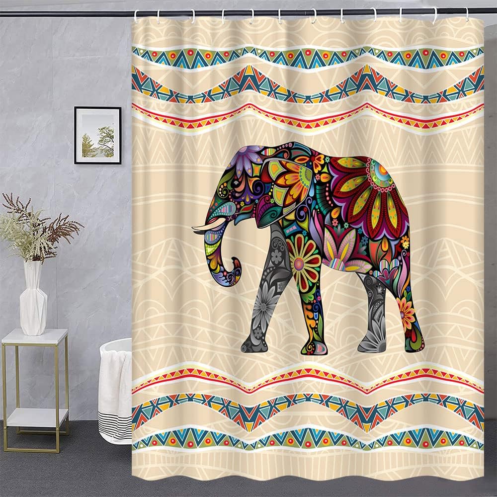 Retro Elephant Mandala Flower Animal Print Boho Style Aztec Southwest Ethnic Geometric Fabric Shower Curtain