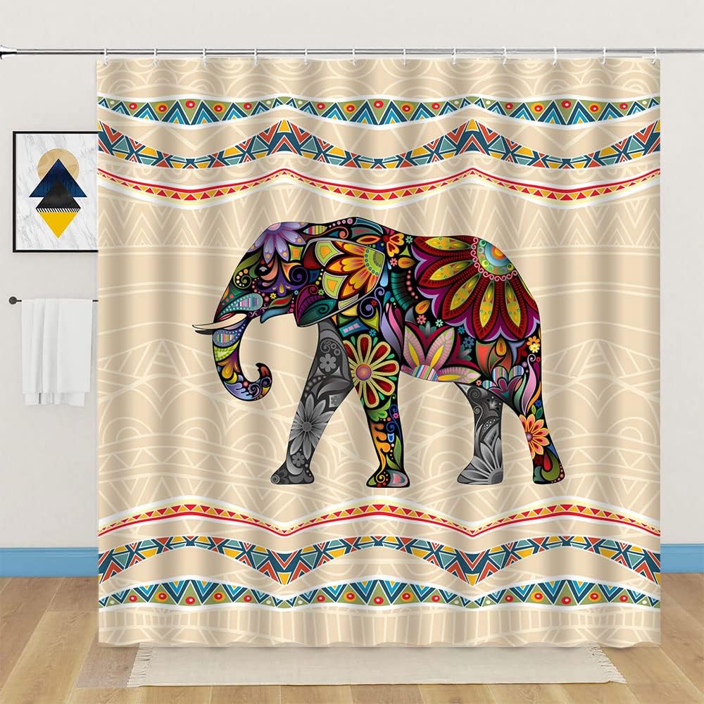 Retro Elephant Mandala Flower Animal Print Boho Style Aztec Southwest Ethnic Geometric Fabric Shower Curtain