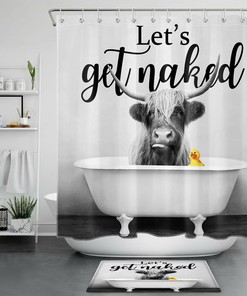 Retro Farmhouse Bathtub Funny Highland Cow Shower Curtain Get Naked Bathroom