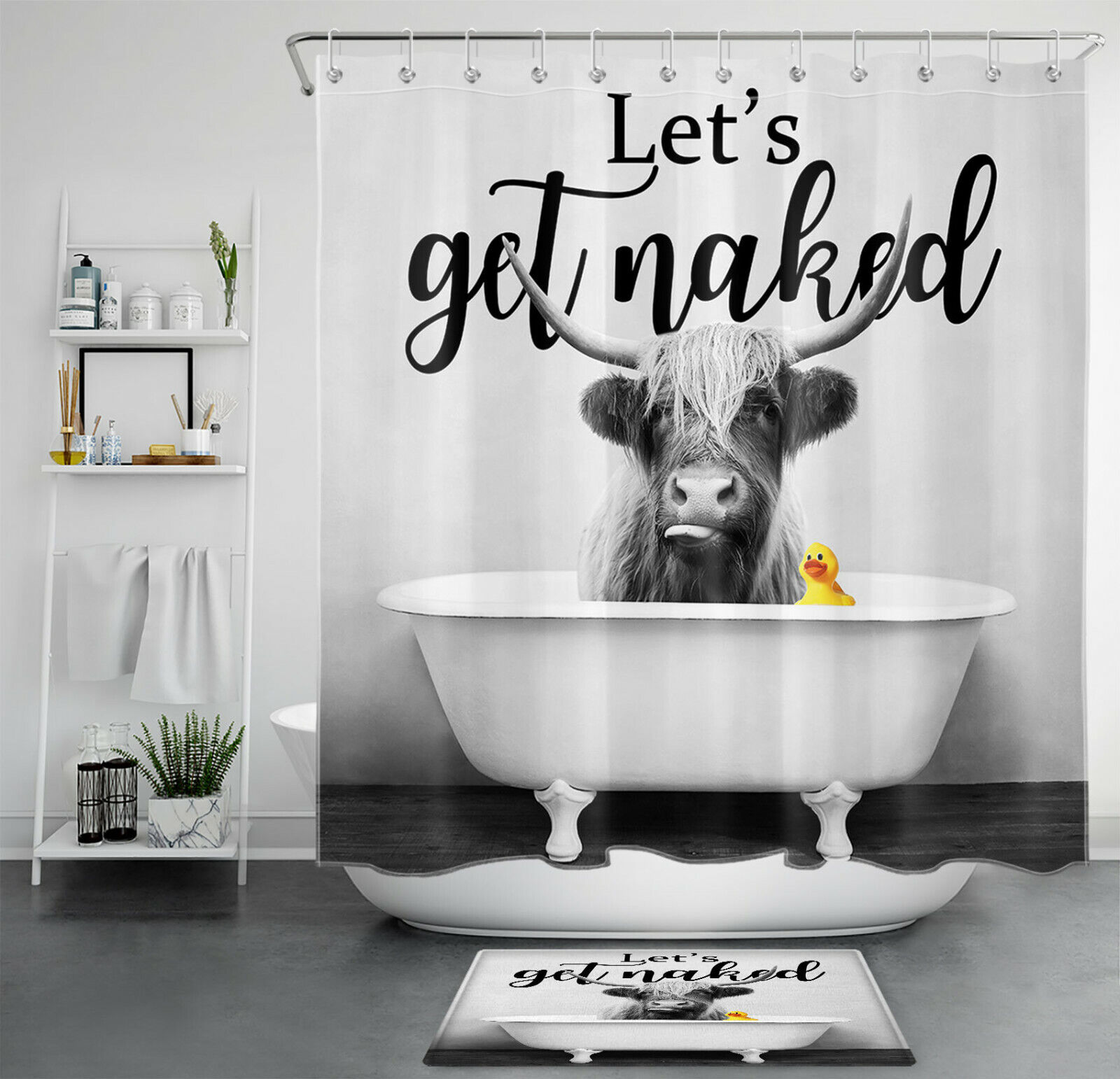 Retro Farmhouse Bathtub Funny Highland Cow Shower Curtain Get Naked Bathroom