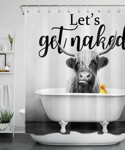 Retro Farmhouse Bathtub Funny Highland Cow Shower Curtain Get Naked Bathroom