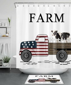 Retro Farmhouse Truck Cattle Shower Curtain Bathroom Decor