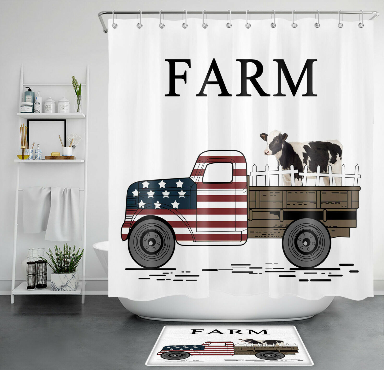 Retro Farmhouse Truck Cattle Shower Curtain Bathroom Decor