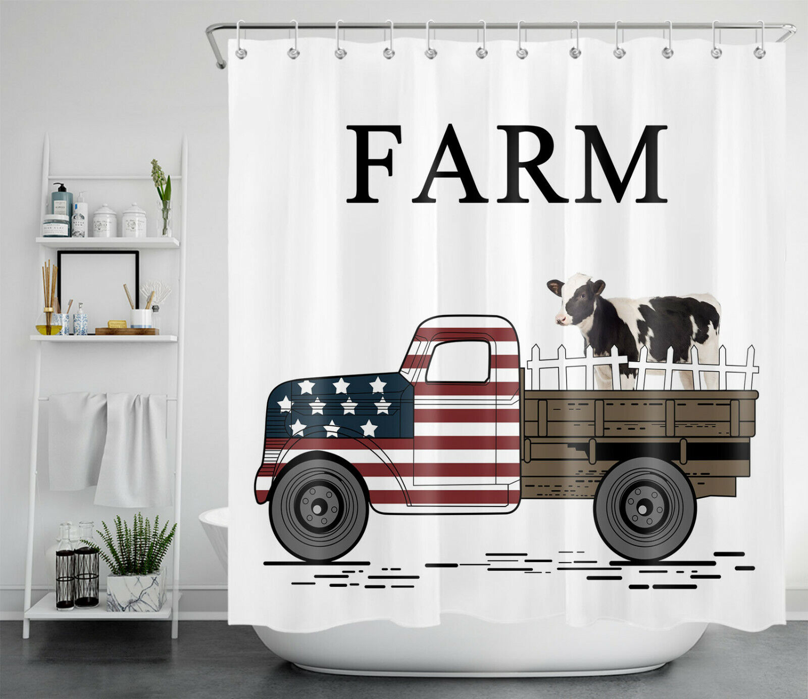 Retro Farmhouse Truck Cattle Shower Curtain Bathroom Decor